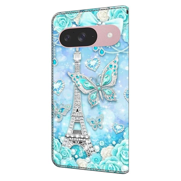 Google Pixel 9 / 9 Pro plånboksfodral mönstrat tryck stativ läder flip telefonskal - Fjärilskoboltorn Blå