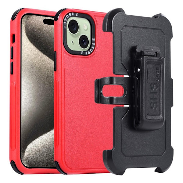 iPhone 15 Plus kaksikerroksinen vyöklipsi Holster Case - Punainen + Musta Red