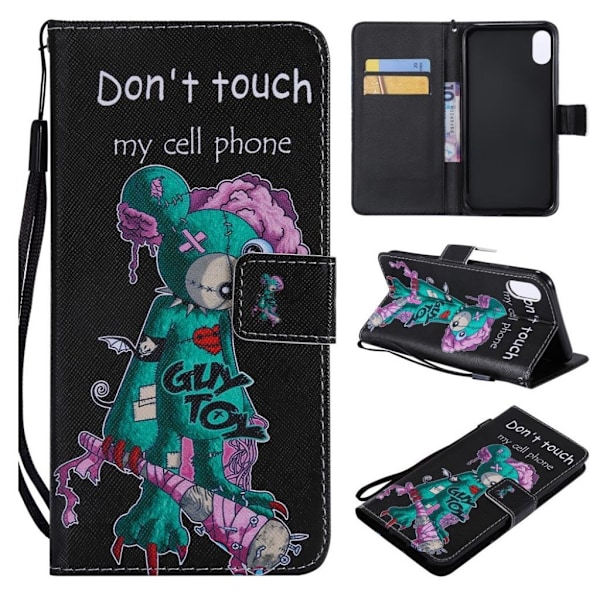 iPhone Xs Max mønstret magnetisk læder flip cover - Warning Words Multicolor