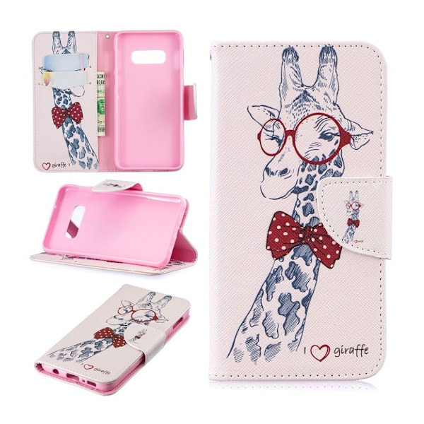 Samsung Galaxy S10e trykt mønster læder flip etui - Giraf med Briller Multicolor