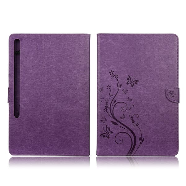 Samsung Galaxy Tab S7 Plus perhoset painatus nahkakotelo - Violetti Purple