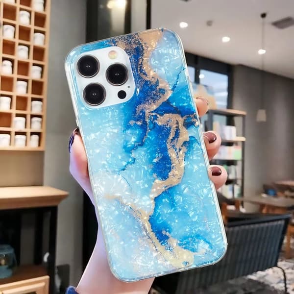 Marble iPhone 15 Pro Etui - Blue Guld Marmor Blue