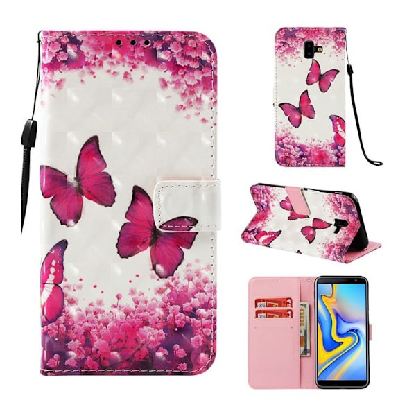 Samsung Galaxy J6 Plus (2018) mønstered læder flip etui - Sommerfugl og Blomst Pink