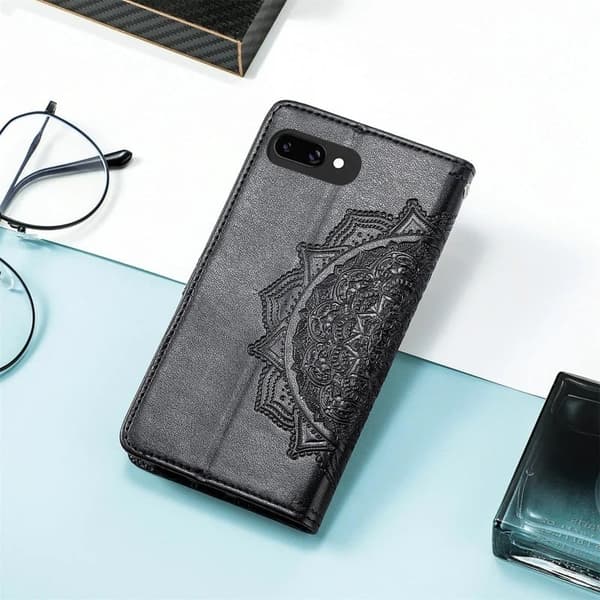 Google Pixel 9a Etui med pung Mandala Flower Leather Phone Cover Stand - Sort Black
