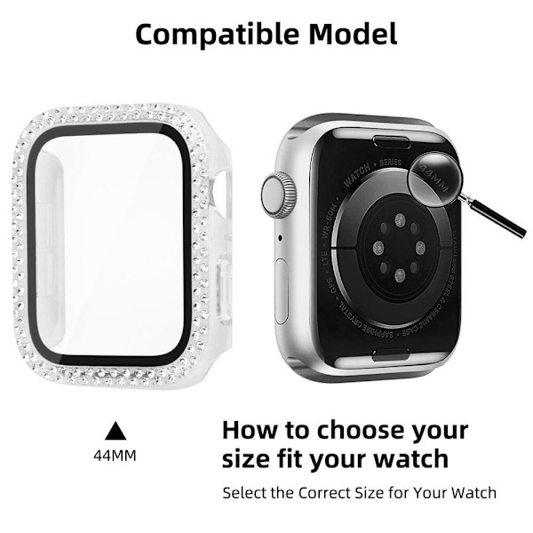 Apple Watch SE 2022 (44 mm) cover med rhinestone-dekor og hærdet glas - Transparent Transparent