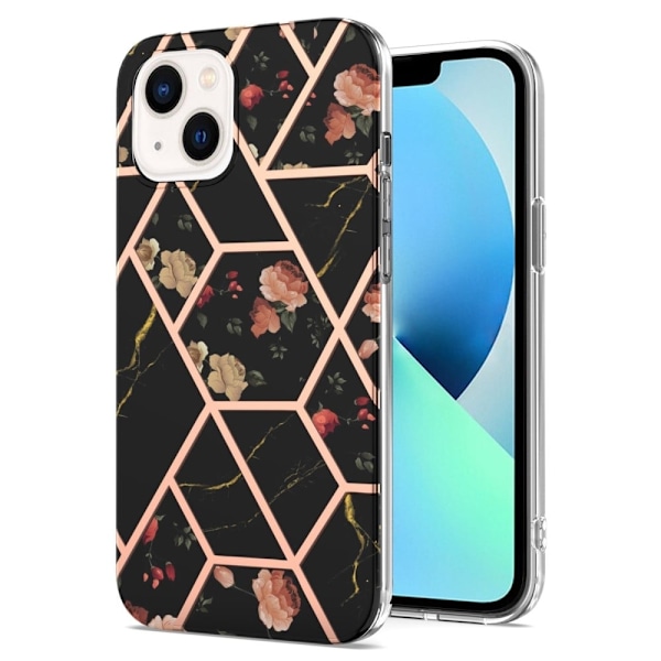 Marmormotiv iPhone 14 Plus skal - Svarta Blommor Svart
