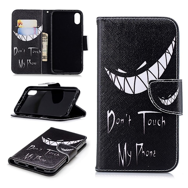 iPhone Xr læder flip cover med mønsterprint - Don'T Touch My Phone Multicolor