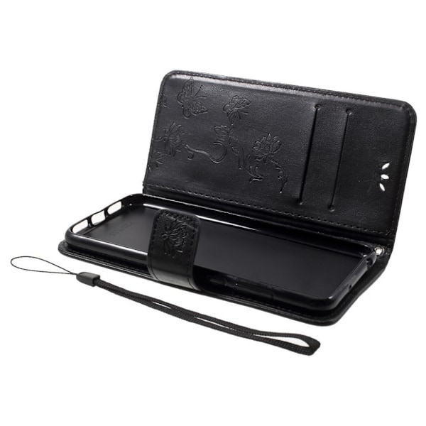 Huawei P20 Pro stemplet sommerfugl blomster PU læder flip etui - Sort Black