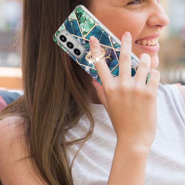 Marble Mønstret Deksel med Ring Holder til Motorola Edge 20 - Blå / Grønn Blue