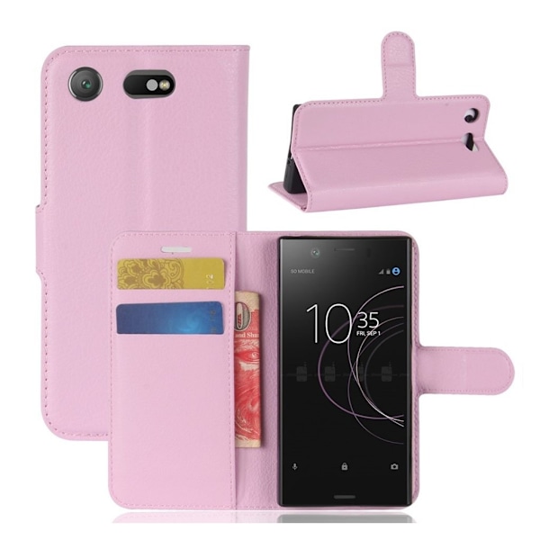 Sony Xperia XZ1 Compact litsi tekstuurinen nahkakotelo - Pinkki Pink