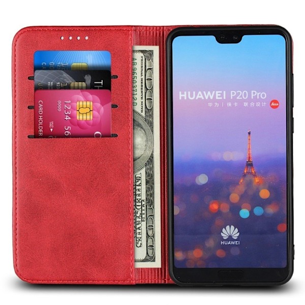 Huawei P20 Pro auto-absorberende læder flip etui - Rød Red