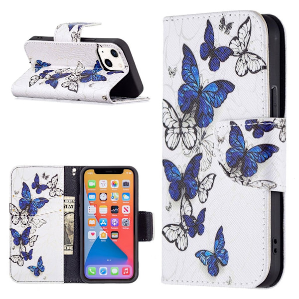 Wonderland iPhone 13 Mini Läppäkotelo - Sininen / White Butterflies Multicolor