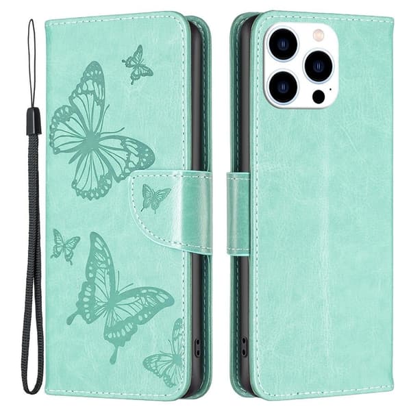 Butterfly iPhone 14 Pro nahkakotelo - Vihreä Green