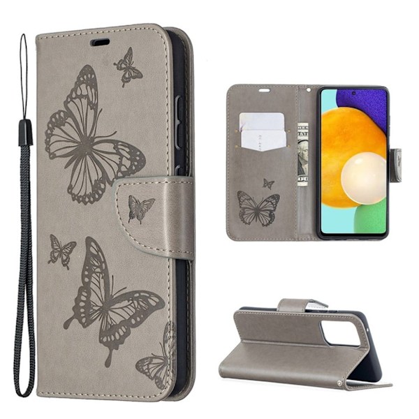 Butterfly Samsung Galaxy A52 5G nahkakotelo - Harmaa Silver grey