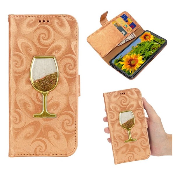 iPhone Xs Max flip cover i læder med spiralstruktur og vinglasmønster - Guld Gold