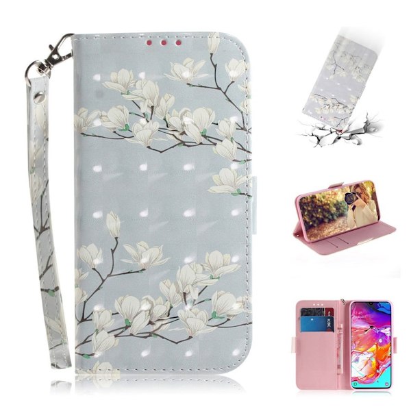 Samsung Galaxy A70 dekorationsmønstret lædercover - hvide blomster White
