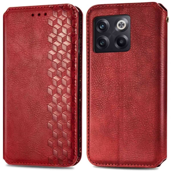Læder Etui med A Stilfuldt Rhombus Tryk til OnePlus Ace Pro / 10t - Rød Red