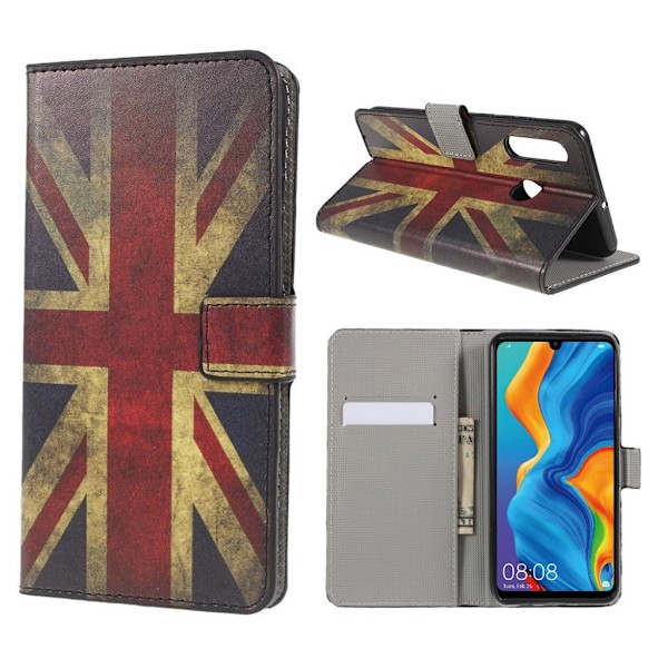 Huawei P30 Lite kuvioitu nahkainen flip suojakotelo - UK lippu Multicolor