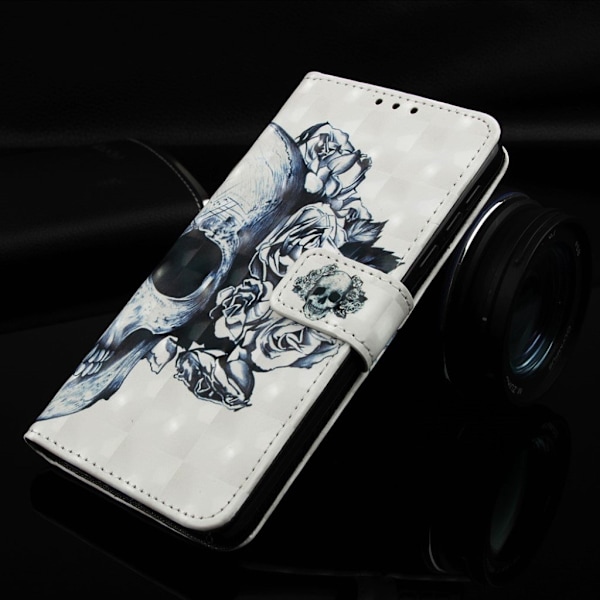 Samsung Galaxy A40 mønstret lædercover - kranie og rose Multicolor