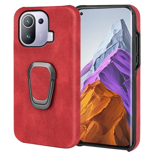 Stødsikkert lædercover med oval støttefod til Xiaomi Mi 11 Pro - Rød Red