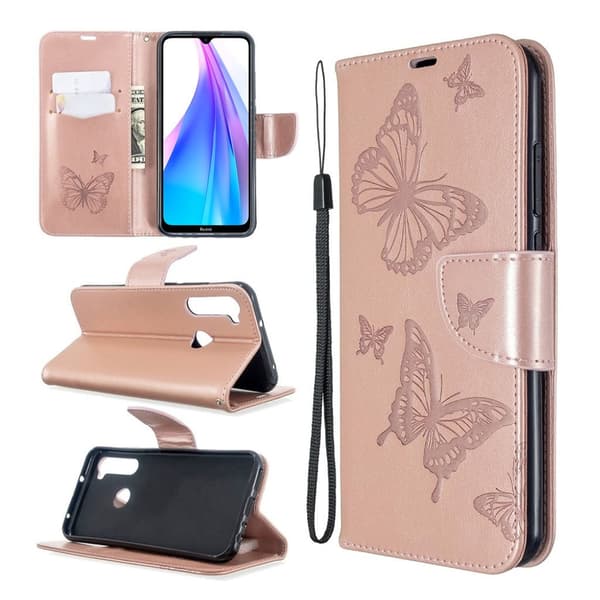 Butterfly Xiaomi Redmi Note 8T skinnveske - Rose Gull Pink