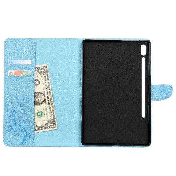 Samsung Galaxy Tab S6 aftryk sommerfugl blomster læder etui - blå Blue
