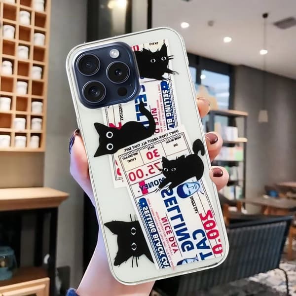iPhone 16 Pro-etui Mønsteret Ridsefast slankt fleksibelt telefon cover - Sort Kat Black