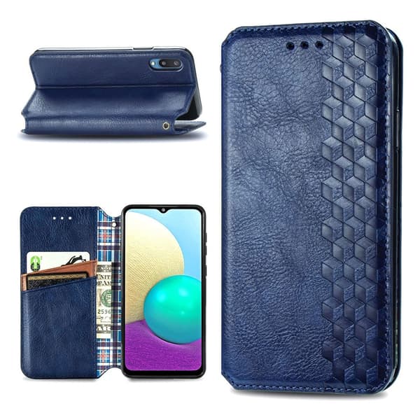 Læder Etui med A Stil Rhombus Imprint til Samsung Galaxy A02 - Blå Blue