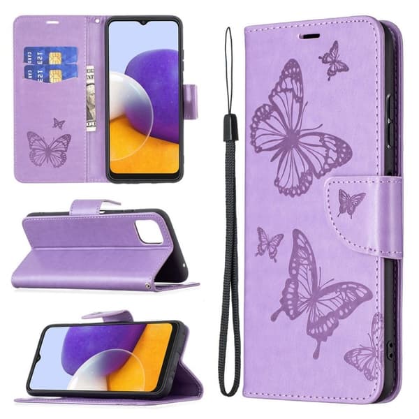 Butterfly Samsung Galaxy A22 5G Läppäkotelo - Violetti Purple