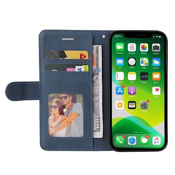 Tekstureret iPhone 15 læderetui med rem - Blå Blue