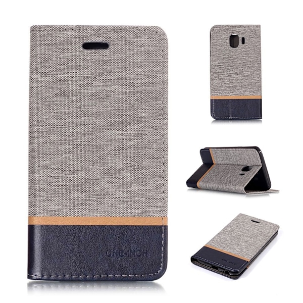 Samsung Galaxy J4 (2018) stof tekstur splejset læder flip etui - Grå Silver grey