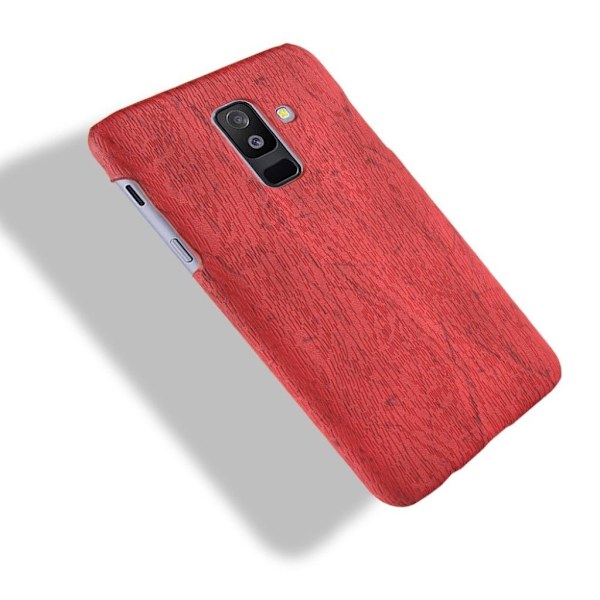 Samsung Galaxy A6 Plus (2018) mobiletui kunstlæder med træ design på overfalden - Rød Red
