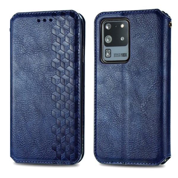 Læder Etui med A Stilfuldt Rhombus Tryk til Samsung Galaxy S20 Ultra - Blå Blue