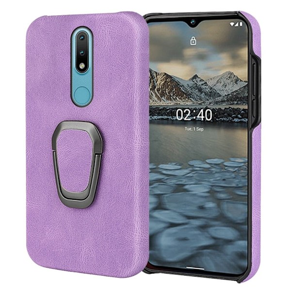 Iskunkestävä nahkasuojus soikealla jalustalla Nokia 2.4:lle - Violetti Purple