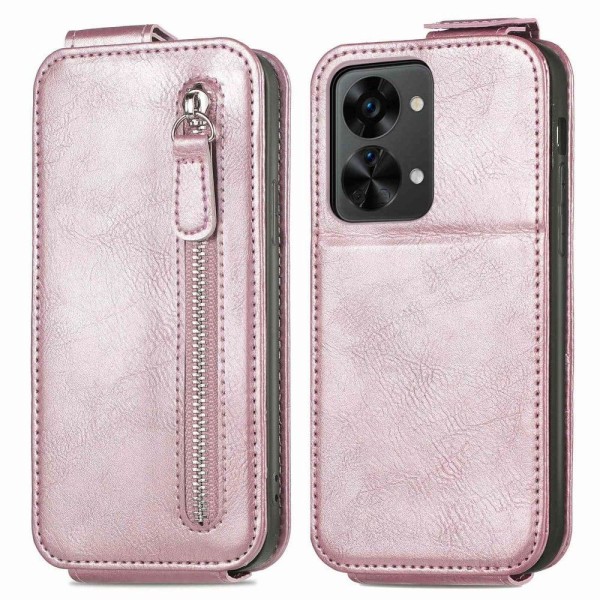 Vertical Flip Phone Suojakotelo With Zipper For OnePlus Nord 2T - Ruusukulta Pink