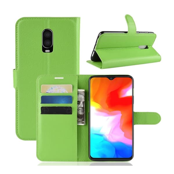 OnePlus 6T flipfodral i litchi-läder - Grön Grön