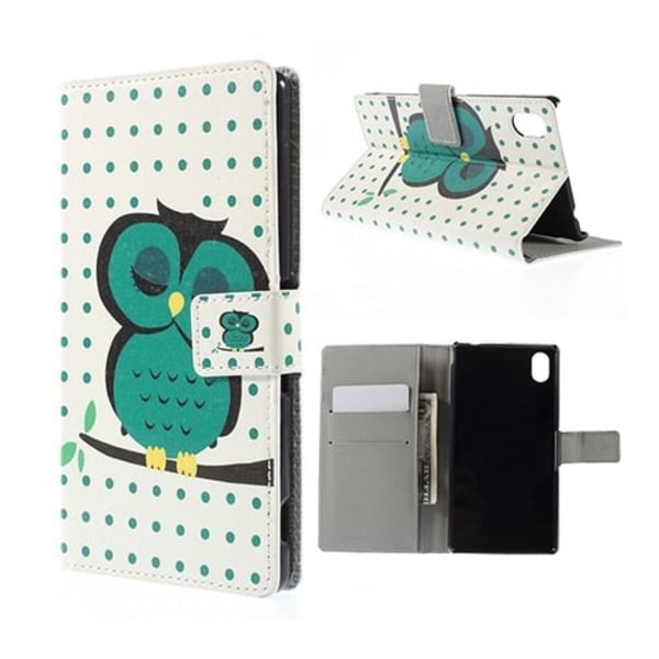 Moberg Sony Xperia M4 Aqua Læder Etui med Kortholder - Grøn Sovende Ugle Green