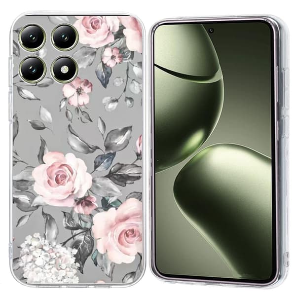 Vibe Xiaomi 14T -kansi - Harmaa Tausta Kukkia Silver grey