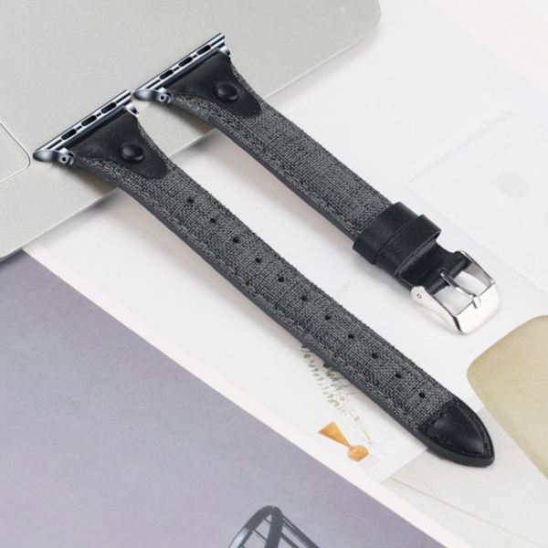 Apple Watch Series 5 / 4 40mm canvas urrem i ægte læder - Grå / Sort Silver grey