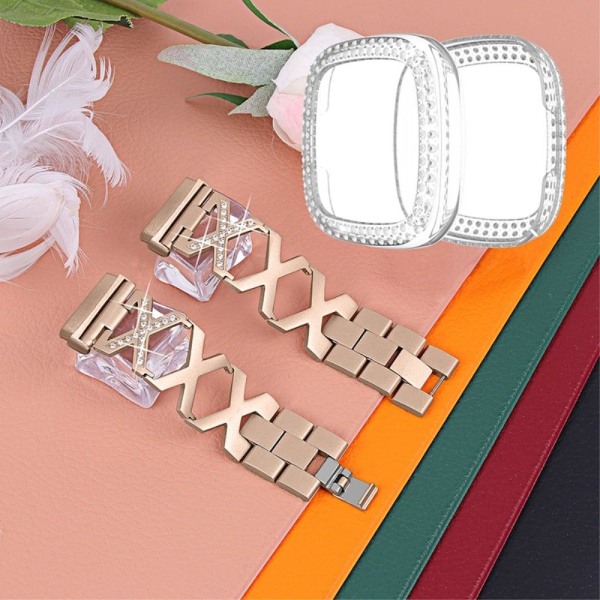 Fitbit Sense / Versa 3 X-formad med strassdekorerat klockarmband med transparent hölje - Guld Guld
