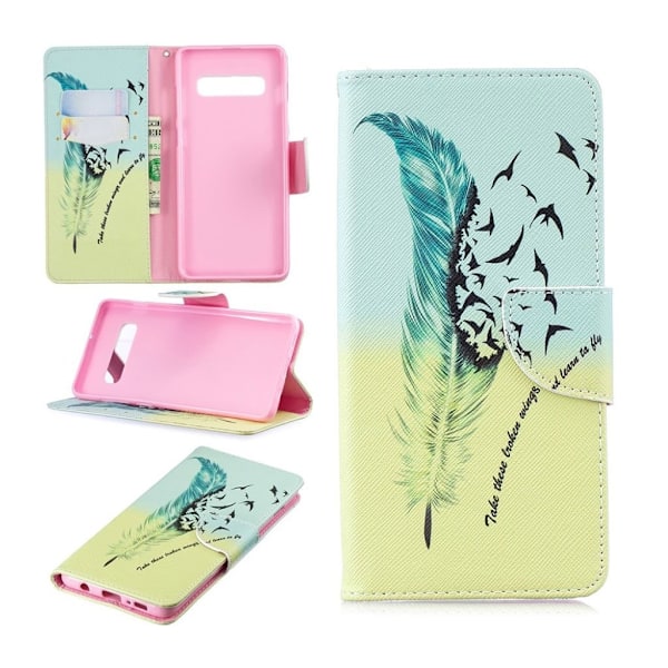 Samsung Galaxy S10 Plus mønstret læder flip etui - Fjer Multicolor