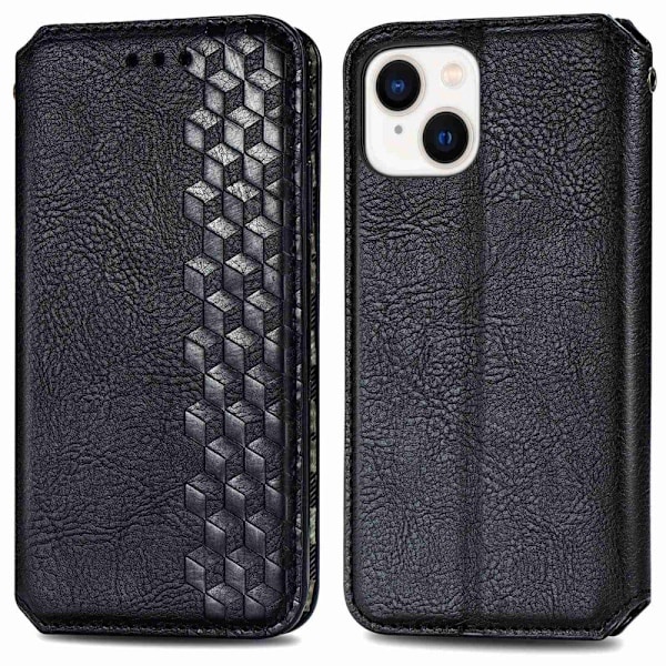 Nahkakotelo With A Stylish Rhombus Imprint For iPhone 14 - Musta Black