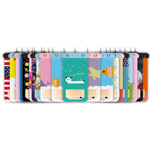 Universal cartoon pattern waterproof pouch for 6-inch smartphone with strap - Salmon Blue