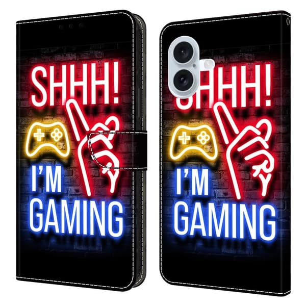 iPhone 16 Plånboksfodral Mönster Tryck Stativ Läder Flip Phone Cover - Neon Röd