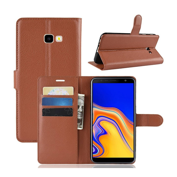 Samsung Galaxy J4 Plus (2018) flipfodral i litchi skin-läder - Brun Brun