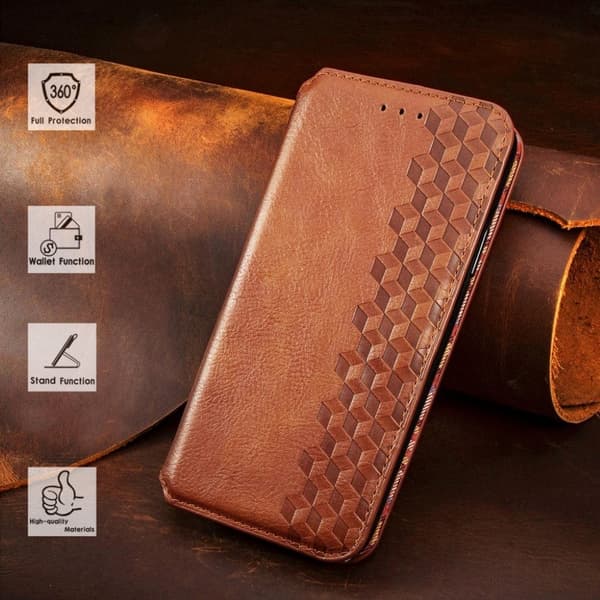 Læder Etui med A Stil Rhombus Imprint til Samsung Galaxy A02 - Brun Brown