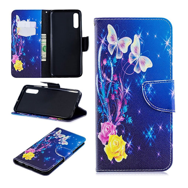 Samsung Galaxy A70 kuviollinen nahkakotelo - Ruusut Ja Perhoset Multicolor