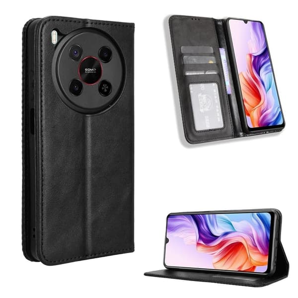 ZTE Blade V70 Max Retro Vegansk Læder Case Phone Wallet Stand Cover - Sort Black