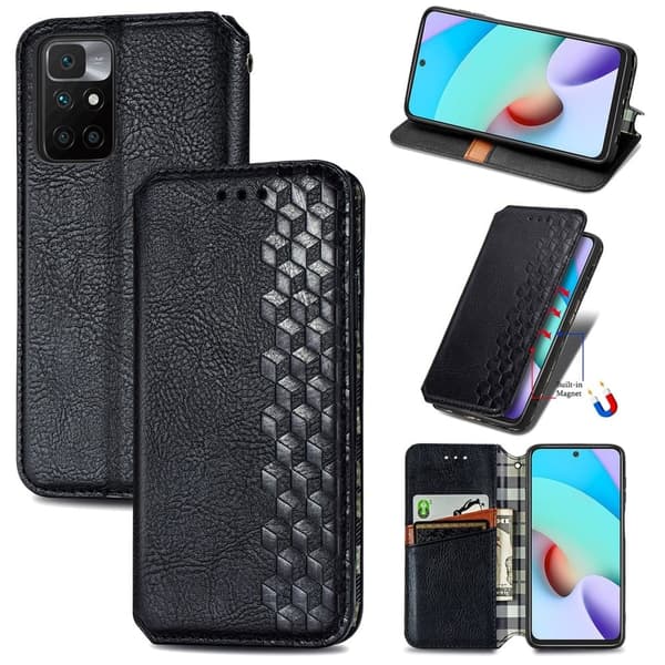 Læder Etui med A Stilfuldt Rhombus Tryk til Xiaomi Redmi Note 10s / Redmi Note 10 - Sort Black
