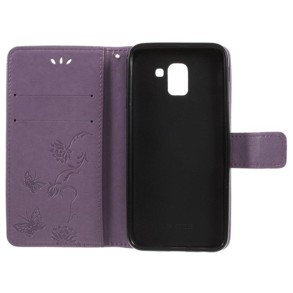 Samsung Galaxy J6 mobiletui i lædermateriale med indprintet somm Purple